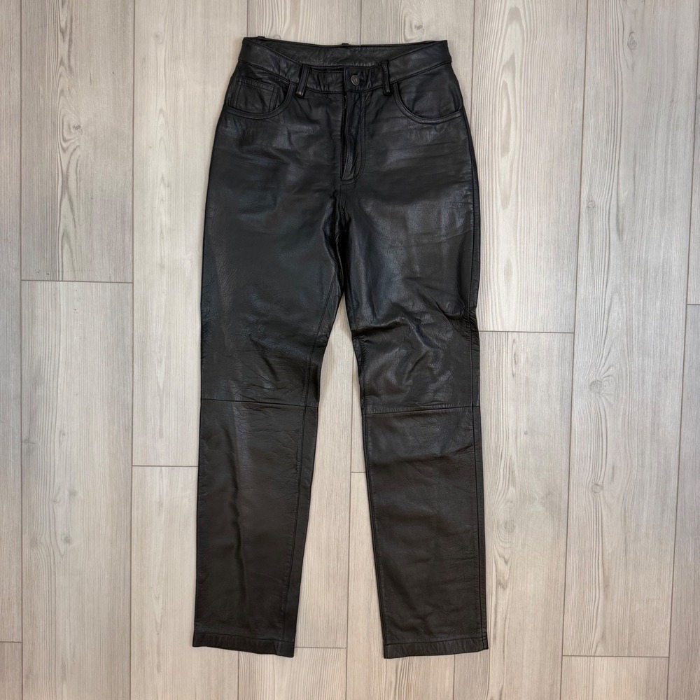 Express Vintage Black 100% Leather High Waisted Straight Leg Pants Womens 3/4